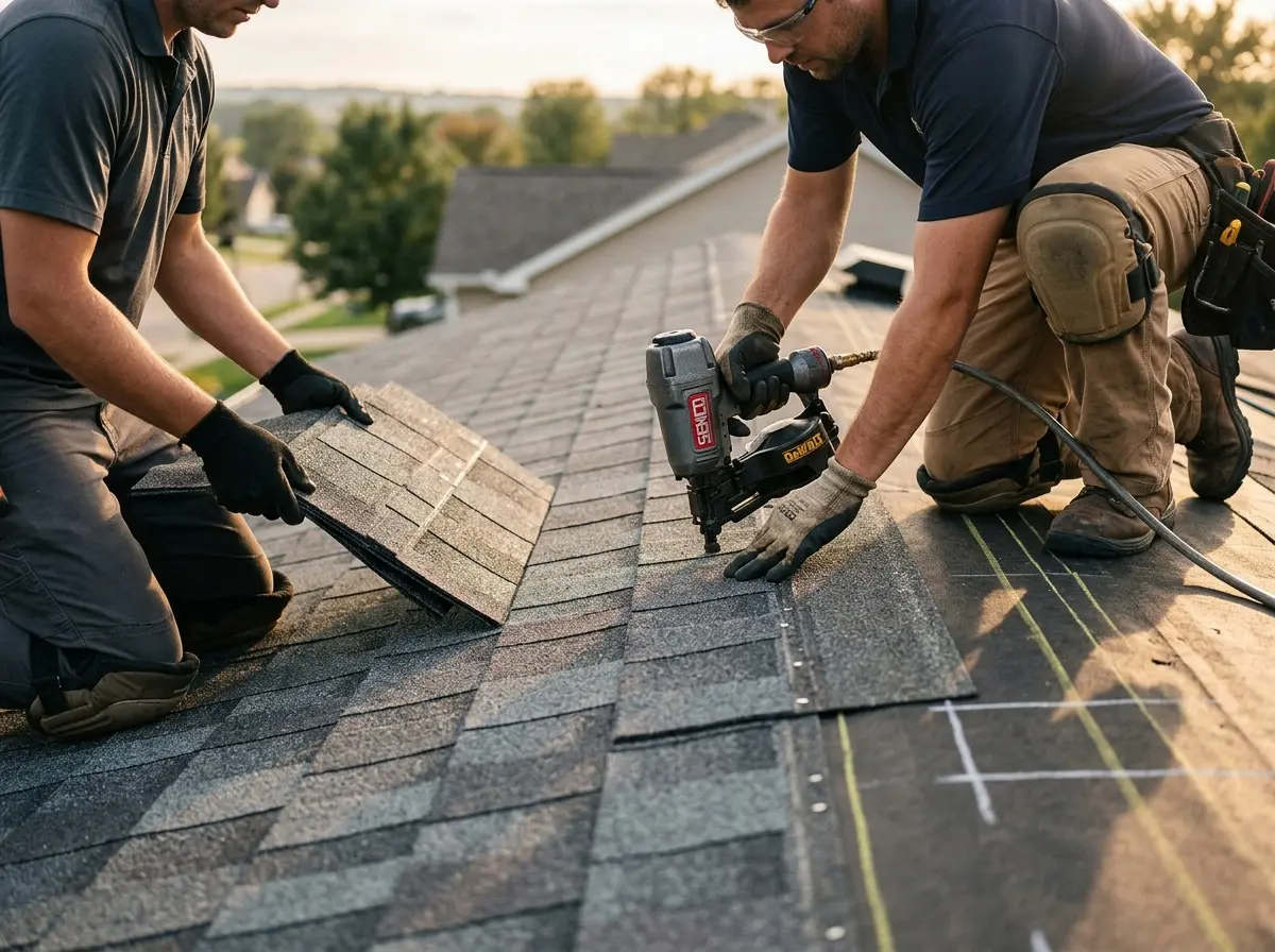 Professional roofer working on a residential roof in Hilliard